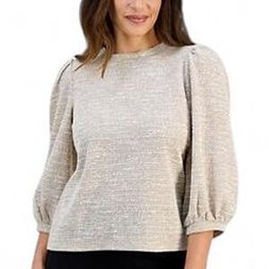 Anne Klein Plus 2X Pink Boucle Knit Top Metallic Shimmer 3/4 Balloon Sleeve